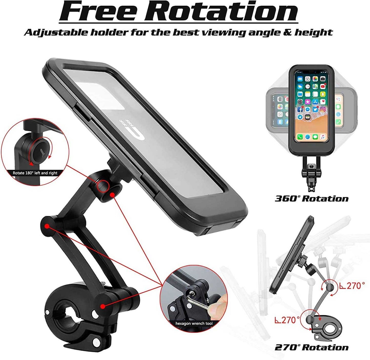 KJDESIGN Waterproof Bike Bicycle Cell Phone Holder for Motorcycle - Bike Bicycle Handlebars, 360° Adjustable Universal Motorcycle Phone Mount Bike Mobile Phone Holder with TPU Touch-Screen
